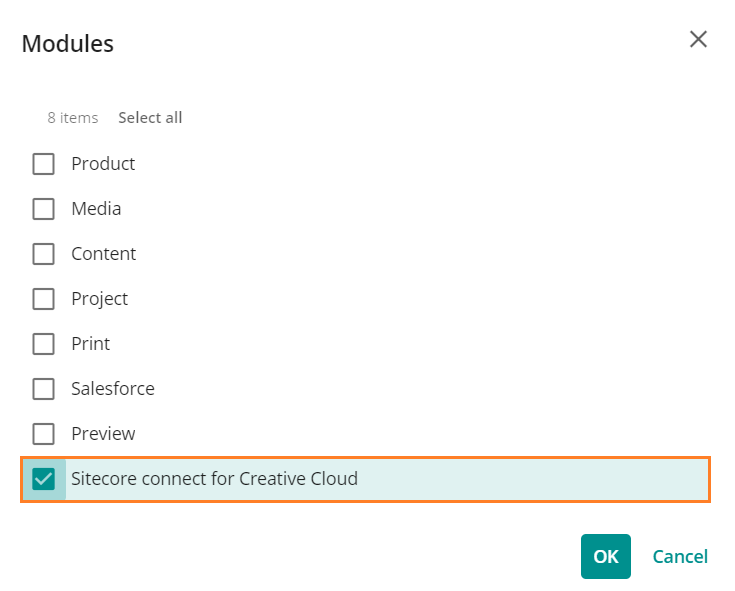 Sitecore connect for Creative Cloud shown on modules